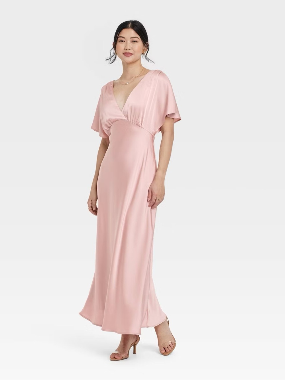 Women's Satin Flutter Short Sleeve Maxi A-Line Dress